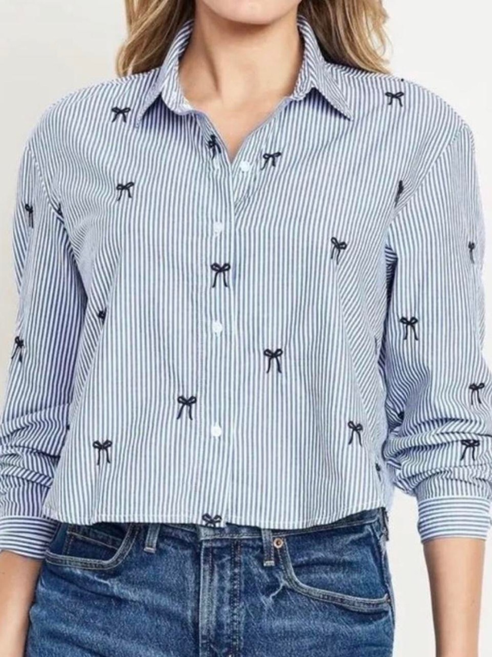Old Navy Navy & White Striped Button-Down with Bow Embroidery